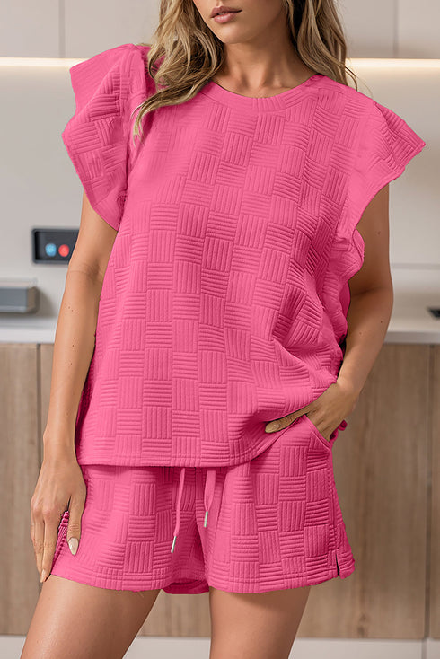 Textured Ruffle Sleeve Drawstring Waist Solid Short Set
