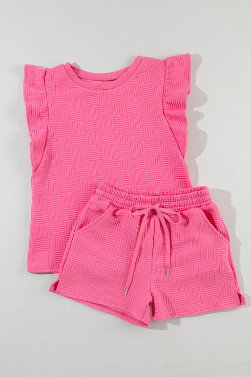 Textured Ruffle Sleeve Drawstring Waist Solid Short Set