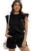 Textured Ruffle Sleeve Drawstring Waist Solid Short Set