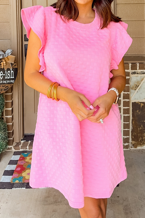 Textured Ruffle Sleeve Pocketed Shift Mini Dress