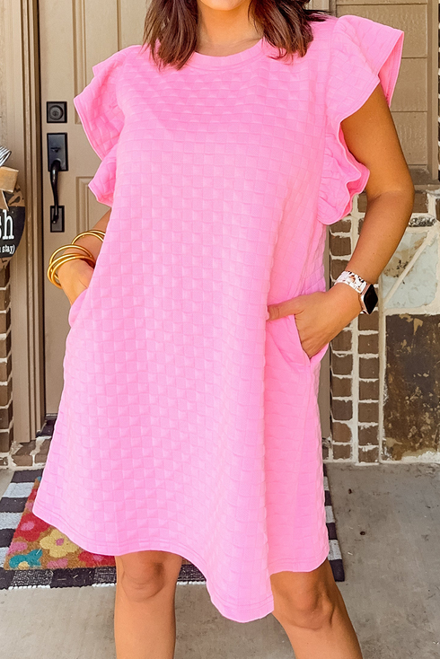 Textured Ruffle Sleeve Pocketed Shift Mini Dress