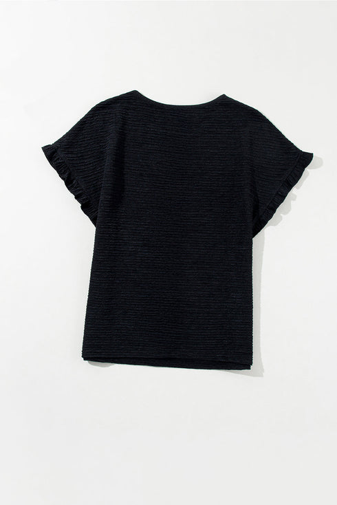 Textured Ruffle Sleeve Round Neck Casual Blouse