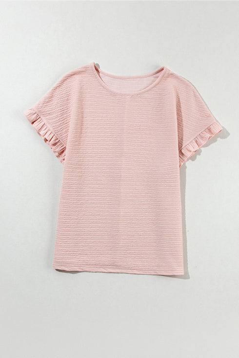 Textured Ruffle Sleeve Round Neck Casual Blouse