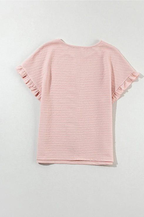 Textured Ruffle Sleeve Round Neck Casual Blouse