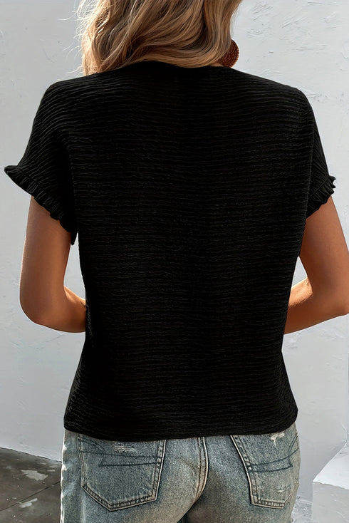 Textured Ruffle Sleeve Round Neck Casual Blouse