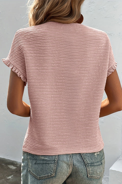 Textured Ruffle Sleeve Round Neck Casual Blouse