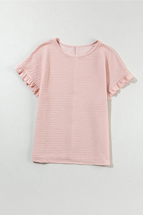 Textured Ruffle Sleeve Round Neck Casual Blouse