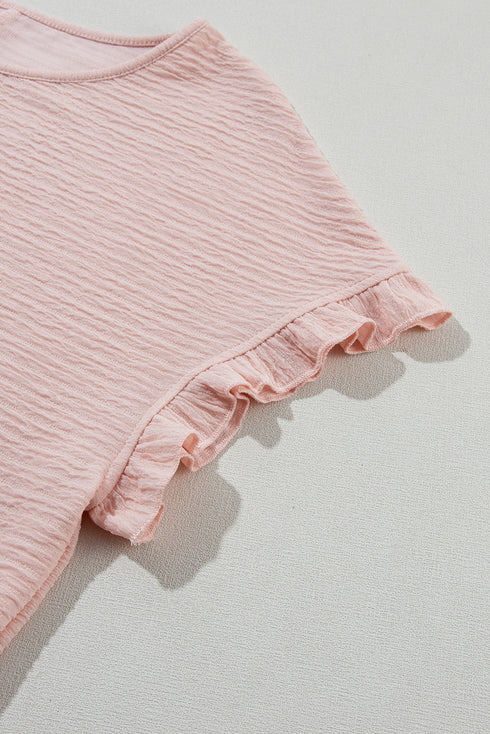 Textured Ruffle Sleeve Round Neck Casual Blouse