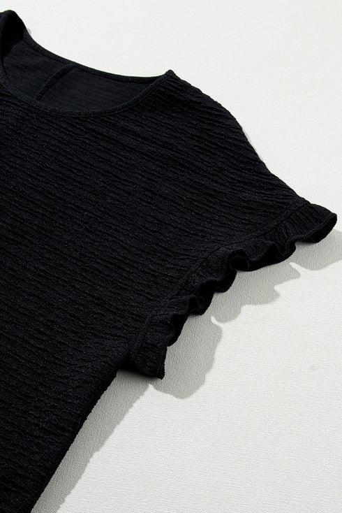 Textured Ruffle Sleeve Round Neck Casual Blouse