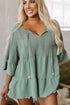Textured Ruffle Sleeve Split Neck Tie Detail Blouse