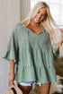 Textured Ruffle Sleeve Split Neck Tie Detail Blouse