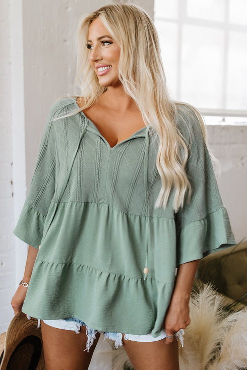 Textured Ruffle Sleeve Split Neck Tie Detail Blouse