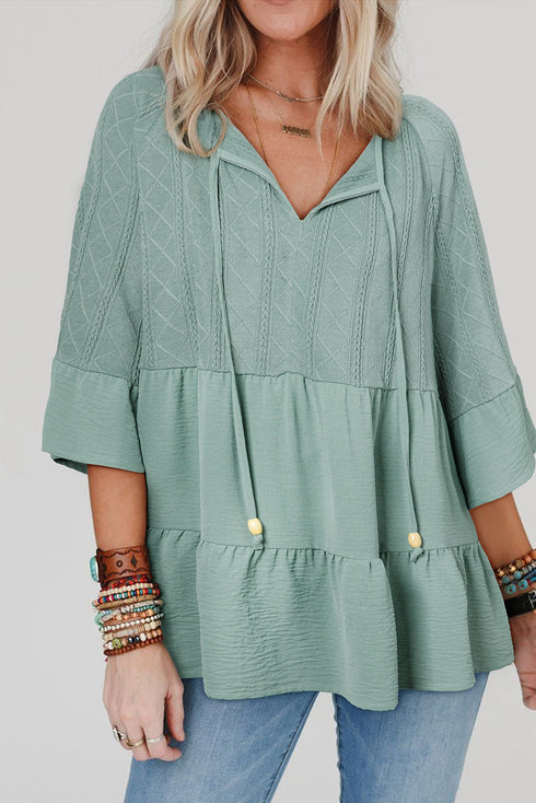 Textured Ruffle Sleeve Split Neck Tie Detail Blouse