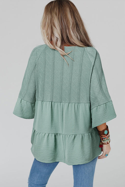 Textured Ruffle Sleeve Split Neck Tie Detail Blouse