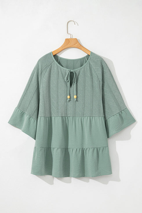 Textured Ruffle Sleeve Split Neck Tie Detail Blouse