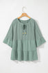 Textured Ruffle Sleeve Split Neck Tie Detail Blouse