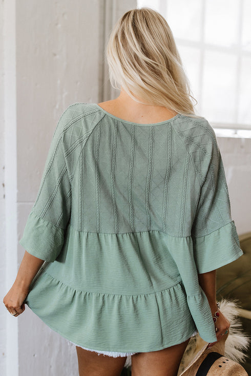 Textured Ruffle Sleeve Split Neck Tie Detail Blouse