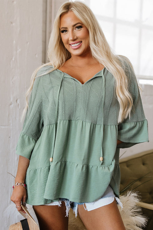 Textured Ruffle Sleeve Split Neck Tie Detail Blouse