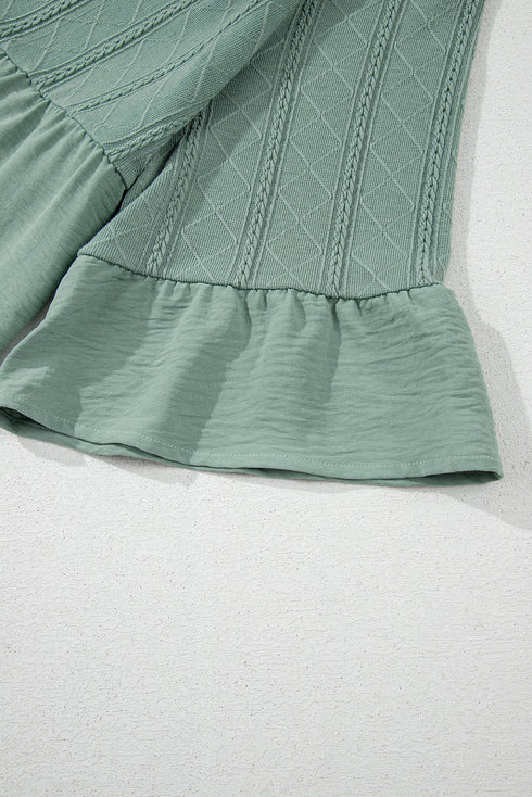 Textured Ruffle Sleeve Split Neck Tie Detail Blouse