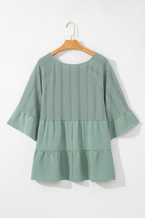 Textured Ruffle Sleeve Split Neck Tie Detail Blouse