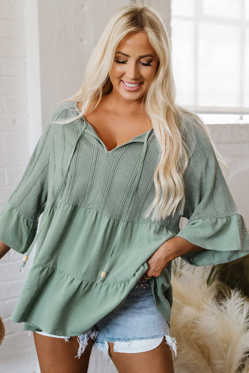 Textured Ruffle Sleeve Split Neck Tie Detail Blouse