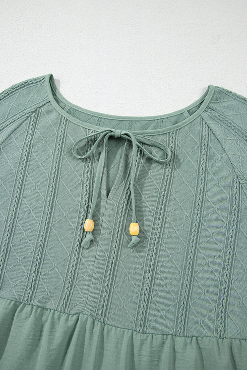 Textured Ruffle Sleeve Split Neck Tie Detail Blouse