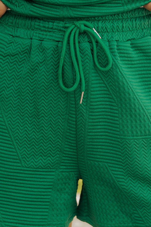 Textured Ruffle Sleeve Split Top Drawstring Short Set