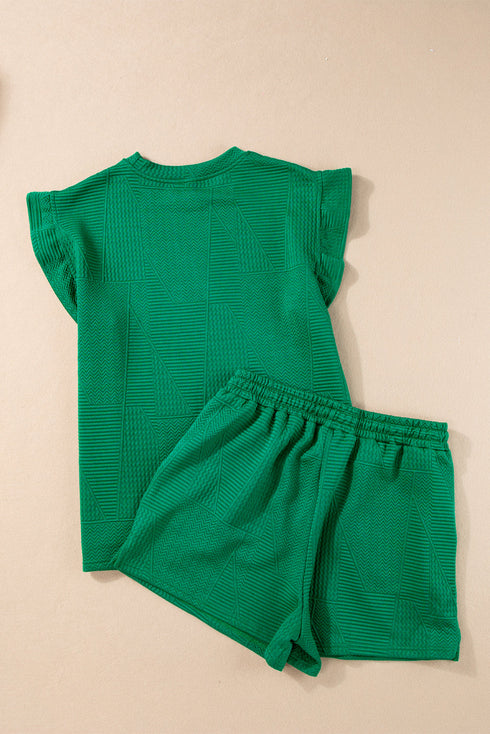 Textured Ruffle Sleeve Split Top Drawstring Short Set