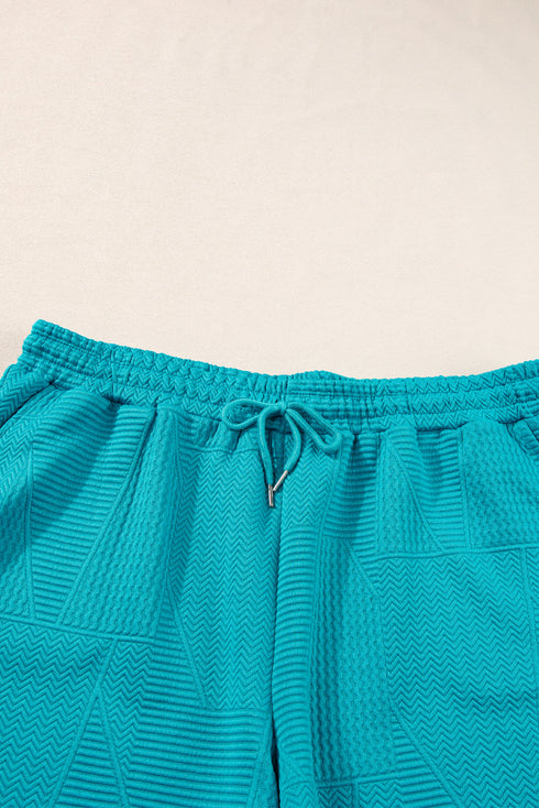 Textured Ruffle Sleeve Split Top Drawstring Short Set