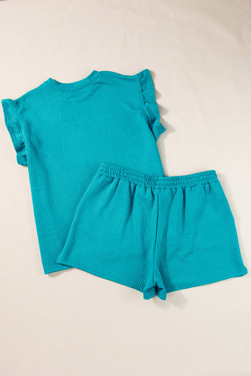 Textured Ruffle Sleeve Split Top Drawstring Short Set