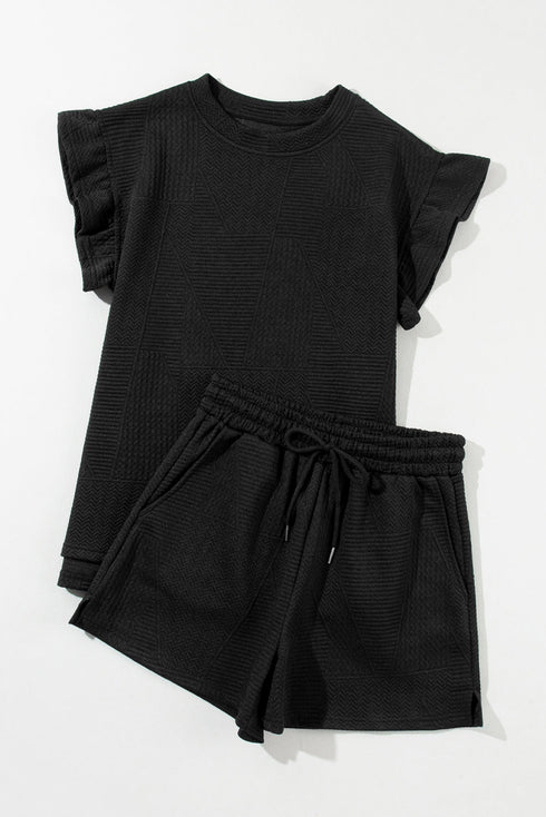 Textured Ruffle Sleeve Split Top Drawstring Short Set