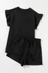 Textured Ruffle Sleeve Split Top Drawstring Short Set