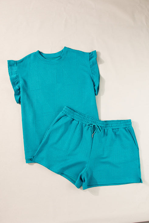 Textured Ruffle Sleeve Split Top Drawstring Short Set
