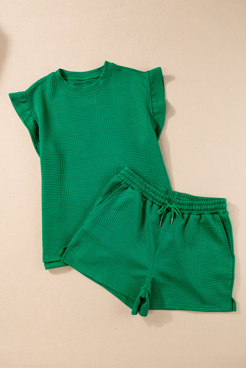 Textured Ruffle Sleeve Split Top Drawstring Short Set