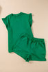 Textured Ruffle Sleeve Split Top Drawstring Short Set