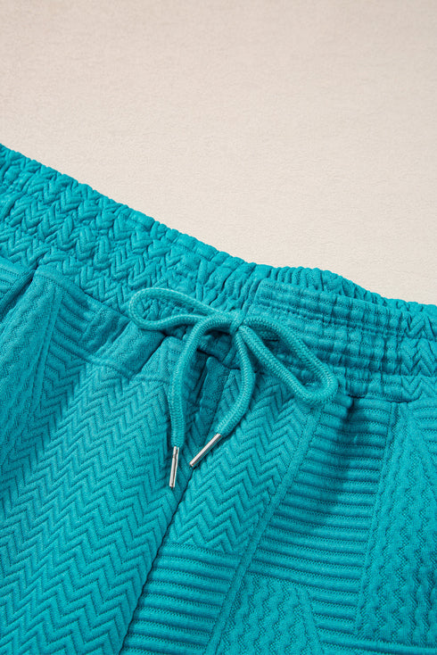 Textured Ruffle Sleeve Split Top Drawstring Short Set