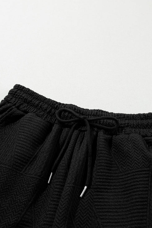 Textured Ruffle Sleeve Split Top Drawstring Short Set