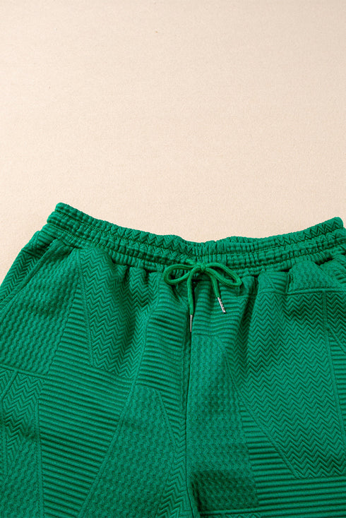 Textured Ruffle Sleeve Split Top Drawstring Short Set