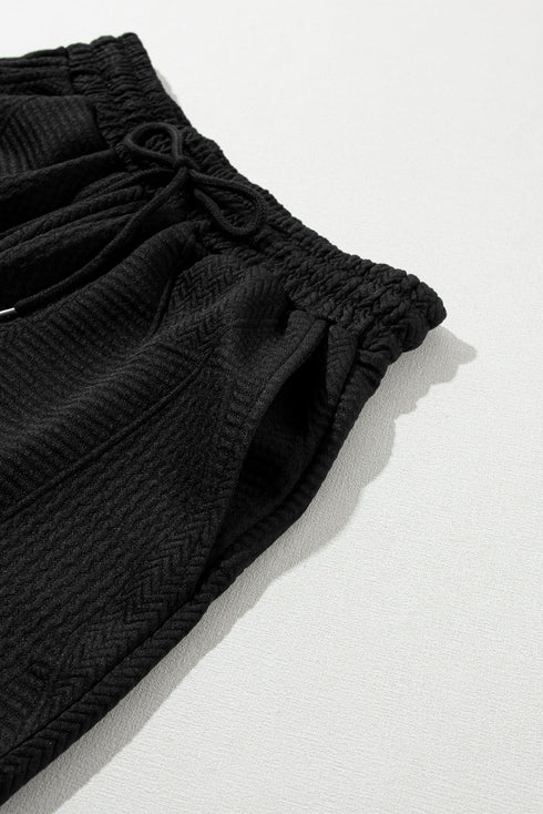 Textured Ruffle Sleeve Split Top Drawstring Short Set