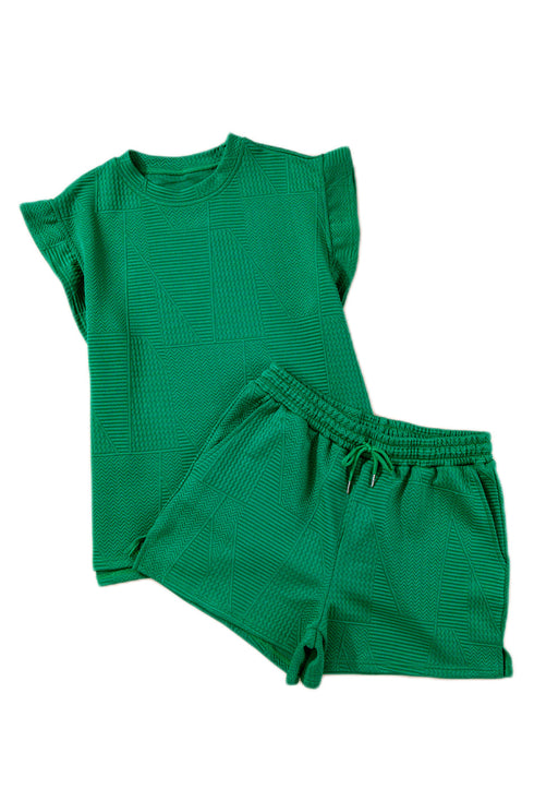 Textured Ruffle Sleeve Split Top Drawstring Short Set