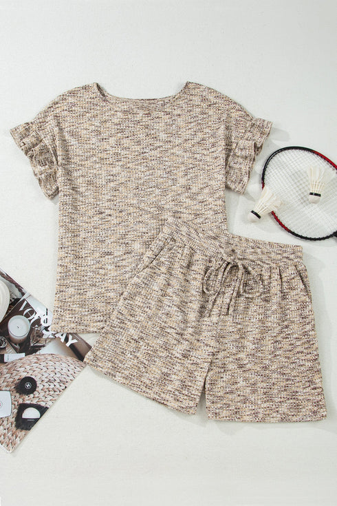 Textured Ruffle Sleeve Top And Drawstring Short Sets