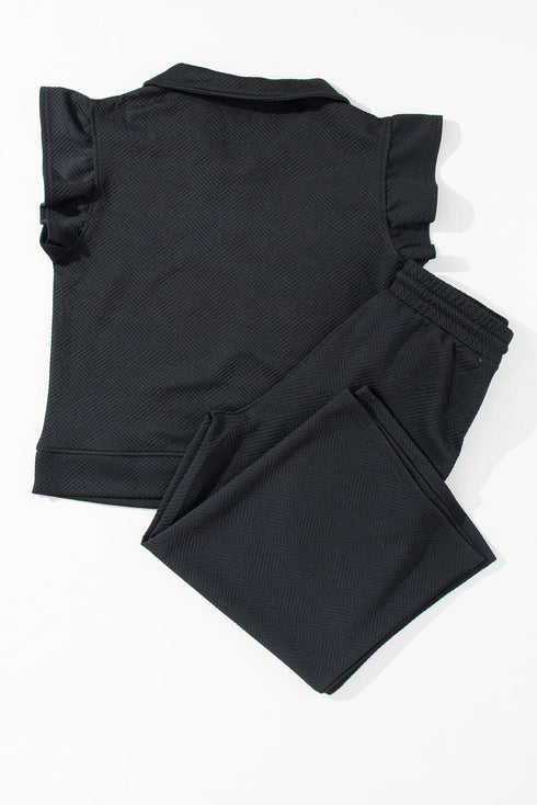 Textured Ruffle Sleeve Top Wide Leg Pant Set