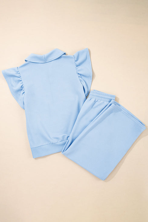 Textured Ruffle Sleeve Zipped Wide Leg Pant Set