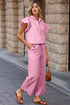 Textured Ruffle Sleeve Zipped Wide Leg Pant Set