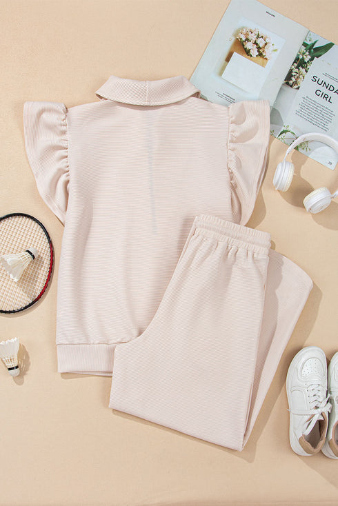 Textured Ruffle Sleeve Zipped Wide Leg Pant Set