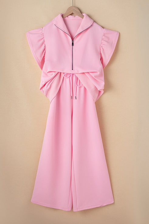 Textured Ruffle Sleeve Zipped Wide Leg Pant Set