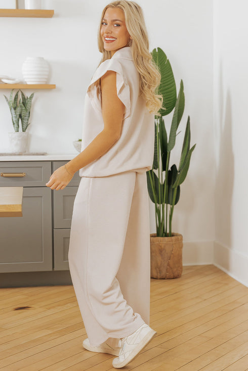 Textured Ruffle Sleeve Zipped Wide Leg Pant Set