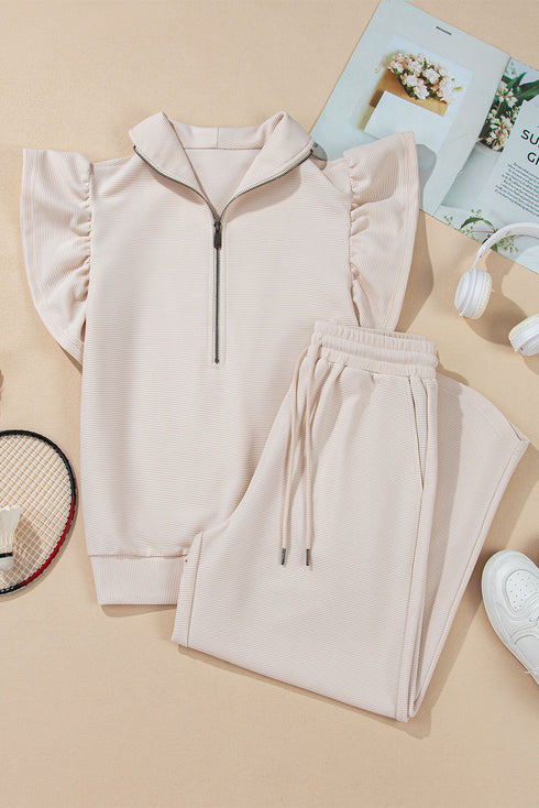 Textured Ruffle Sleeve Zipped Wide Leg Pant Set