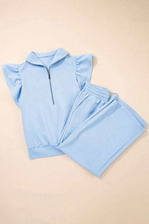 Textured Ruffle Sleeve Zipped Wide Leg Pant Set
