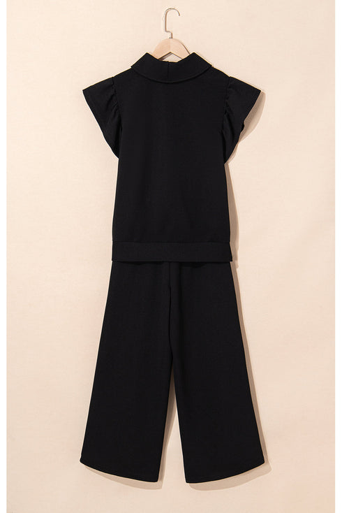 Textured Ruffle Sleeve Zipped Wide Leg Pant Set